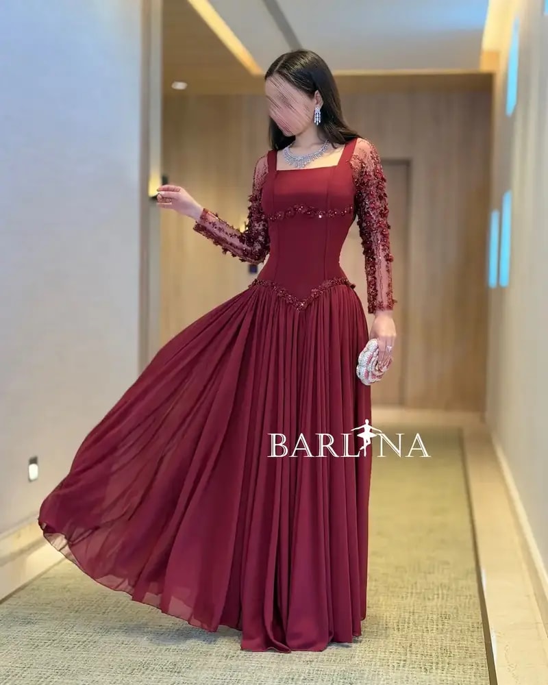 Burgundy dress with embroidered sheer sleeves