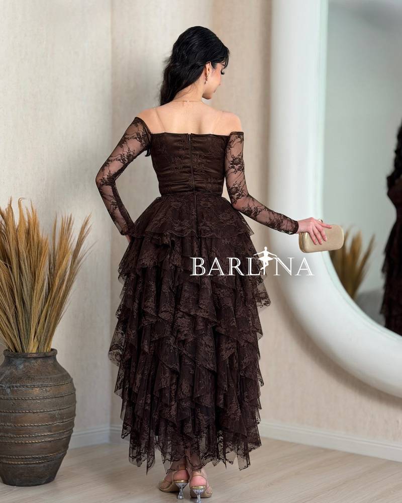 Brown lace dress with tiered ruffle layers