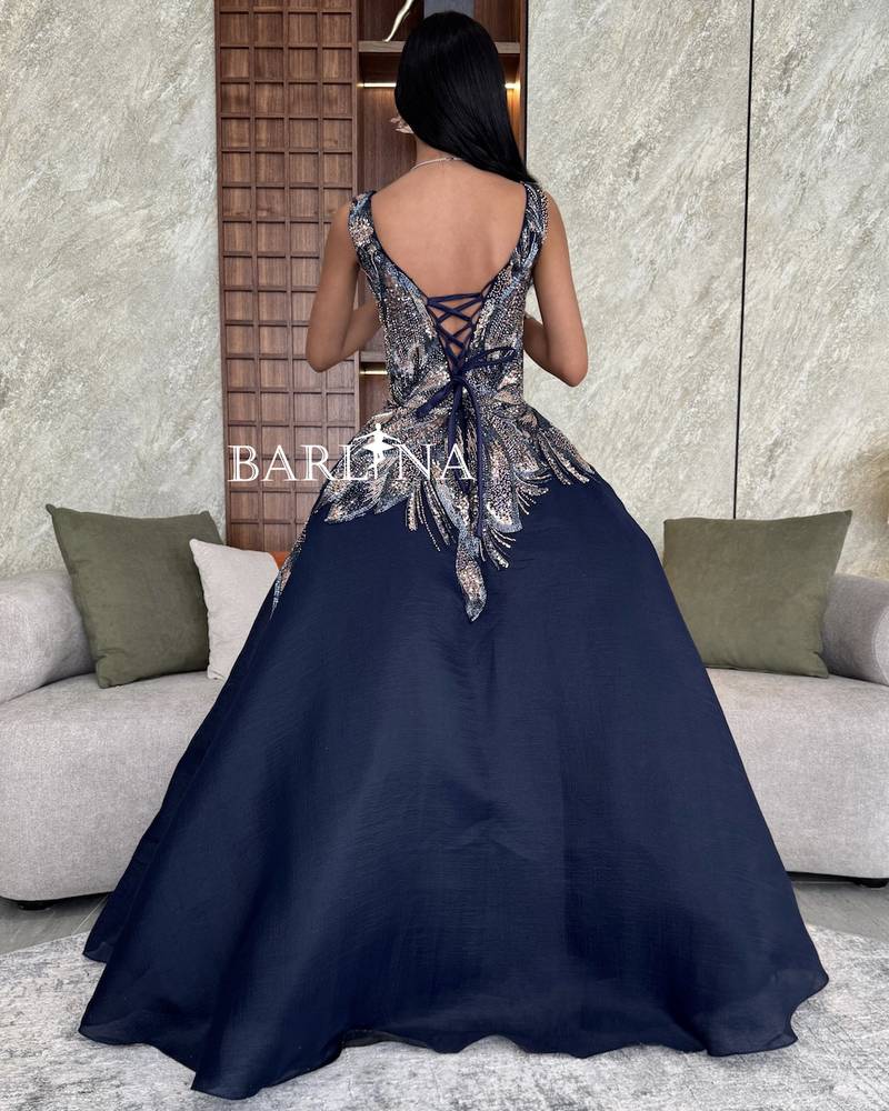 Navy blue evening dress with floral embroidery
