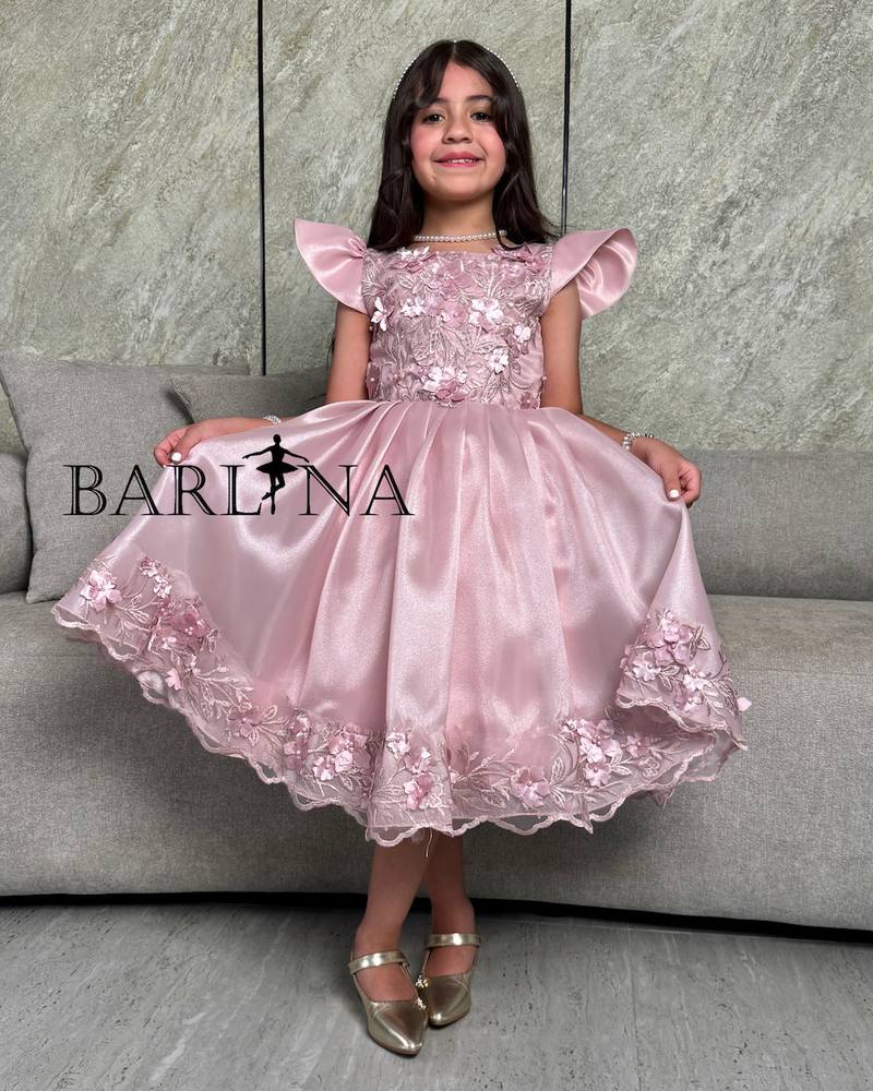 Girls' pink dress with 3D embroidery