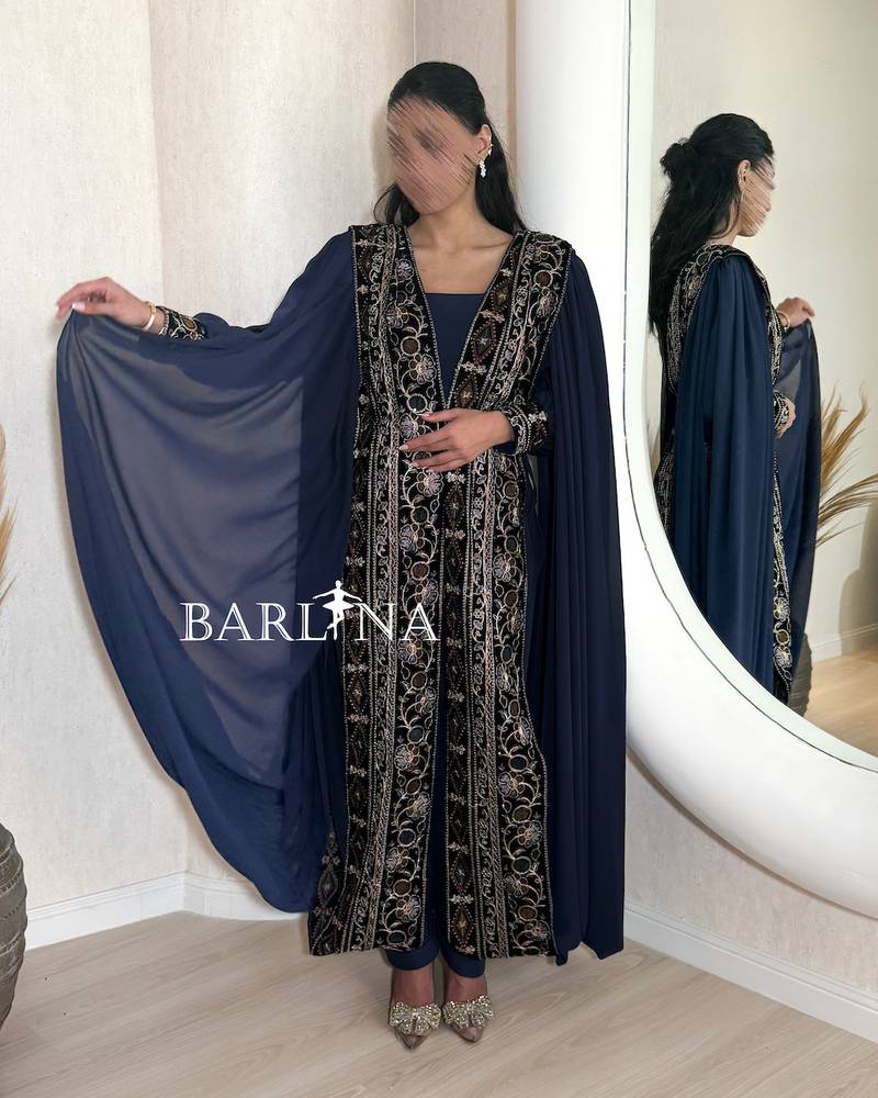 Luxurious navy blue jalabiya with exquisite embroidery