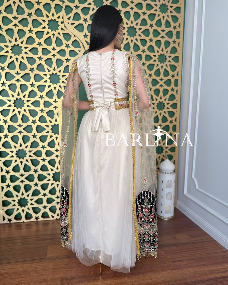 Ivory embroidered jalabiya with elegant gold trim