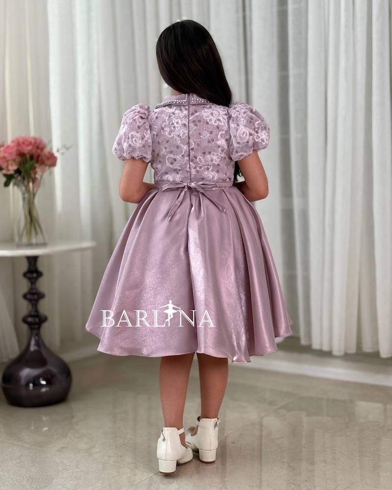 Girls’ mauve puffy dress with a decorated collar