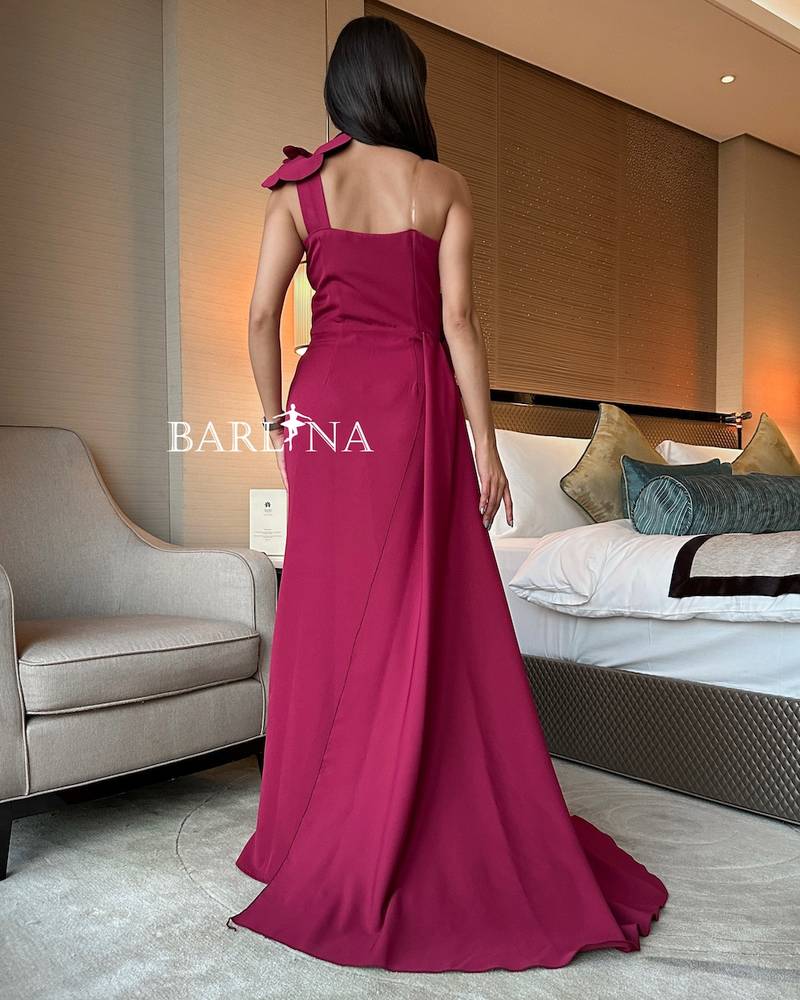 One Shoulder Burgundy Dress Decorated with Flowers