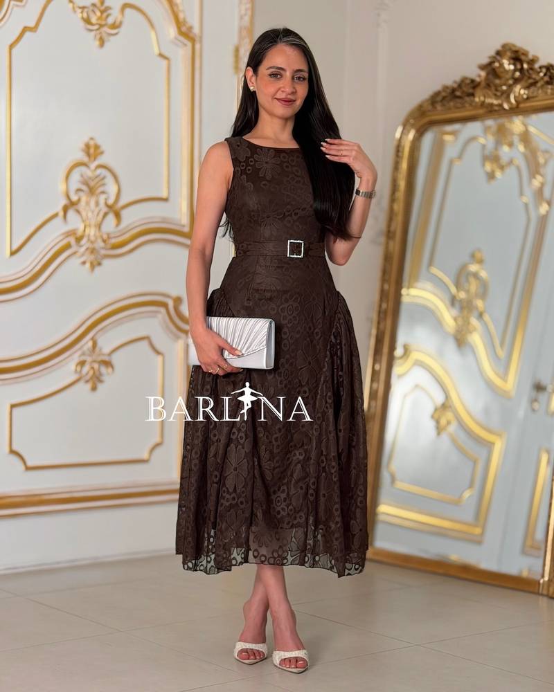 Brown lace dress with pleats at the waist