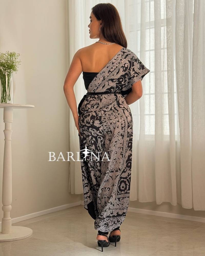 Black floral jumpsuit with one shoulder