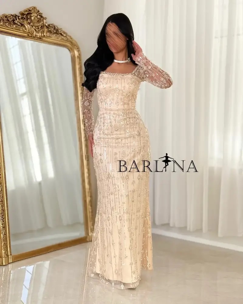 Beige evening dress with sparkling embroidery