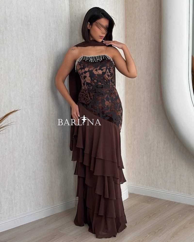 Brown floral dress with soft layers at the bottom
