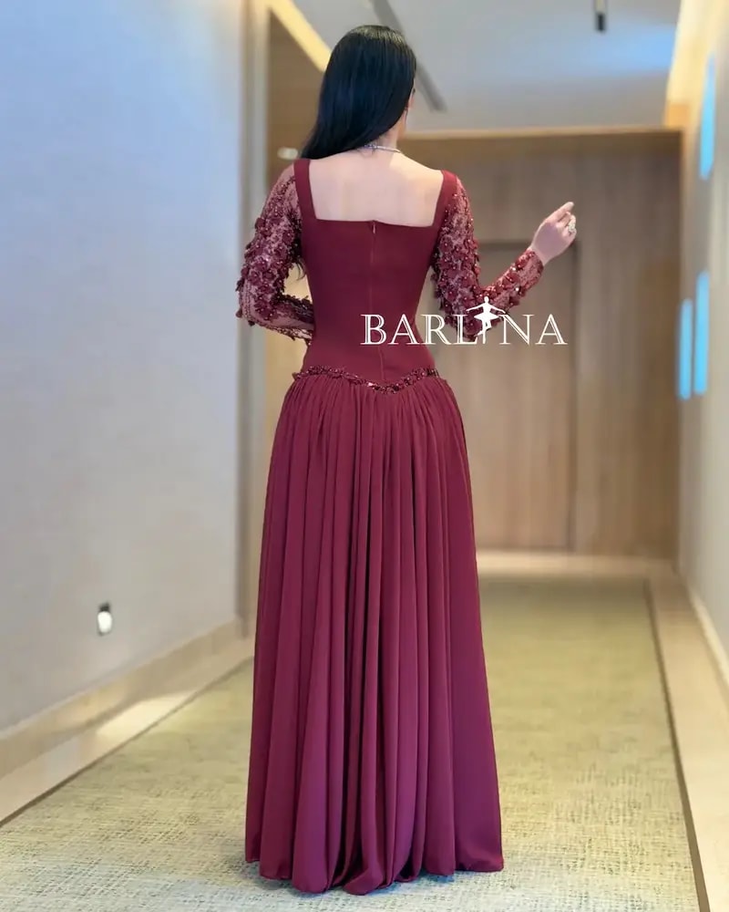 Burgundy dress with embroidered sheer sleeves