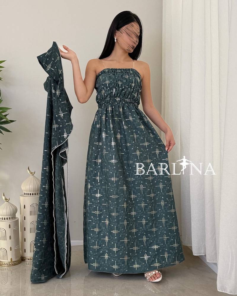 Green sequined jalabiya with an elasticated collar