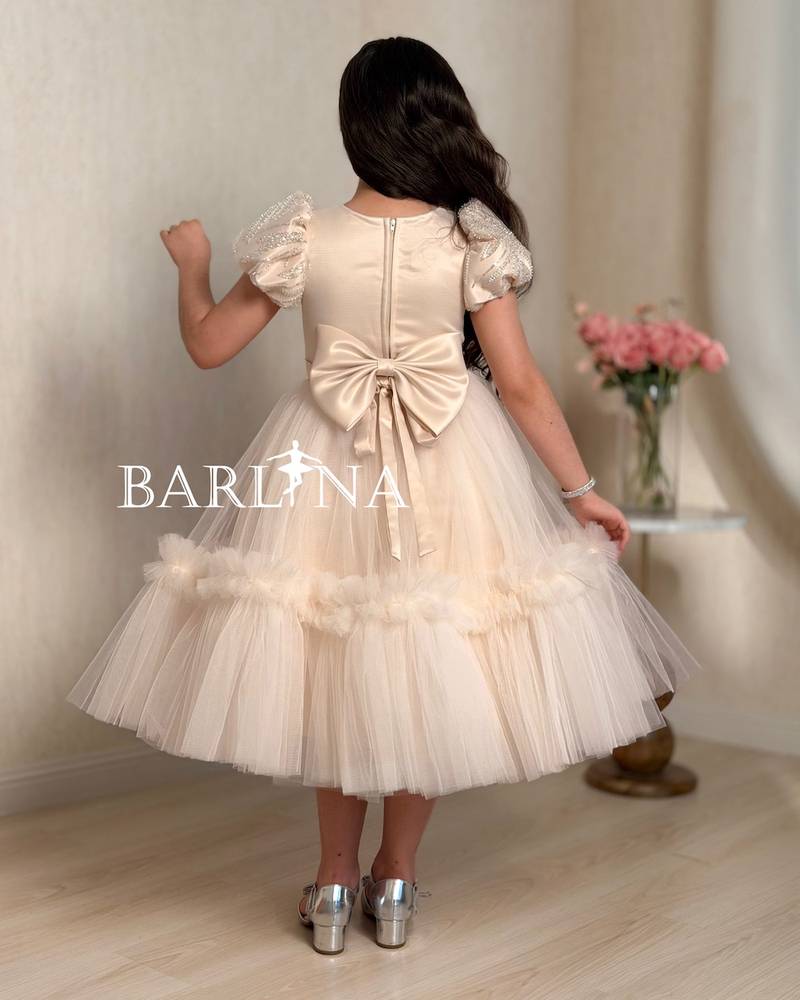 Beige tulle girls’ dress with embellished top