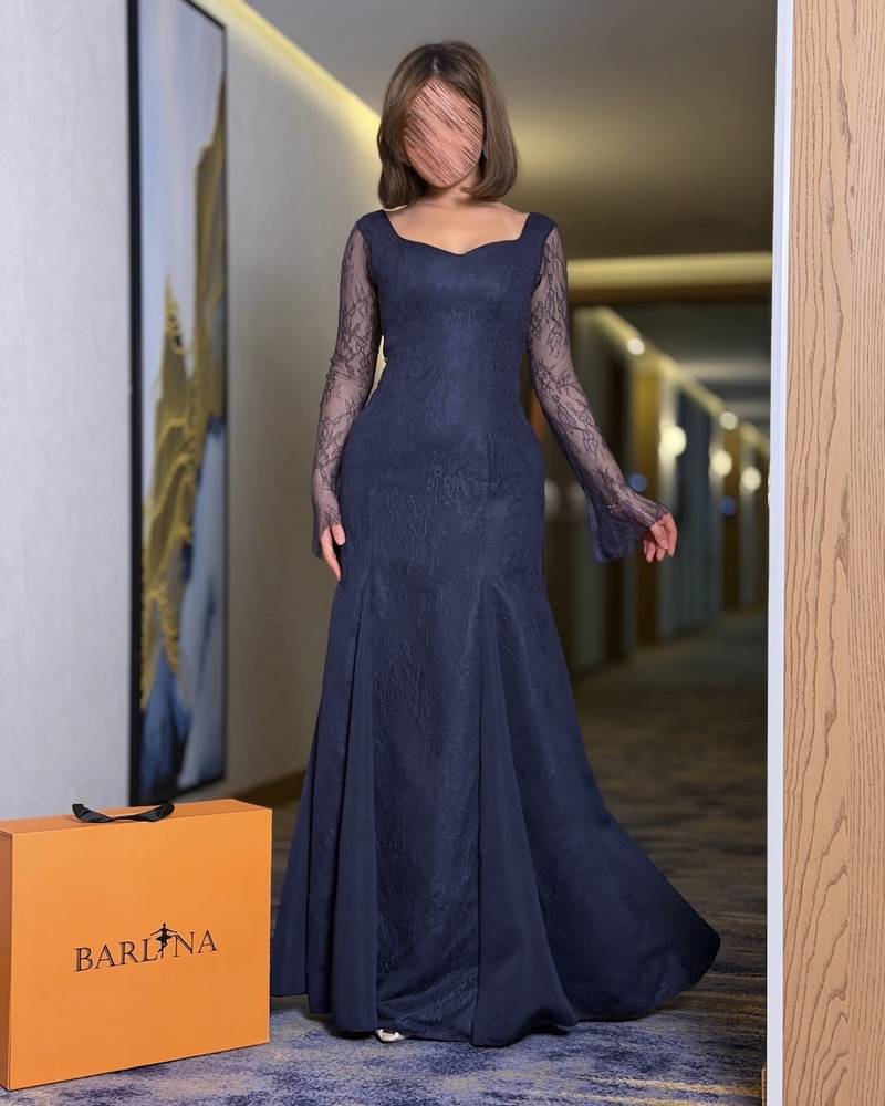 Navy lace dress with long sheer sleeves