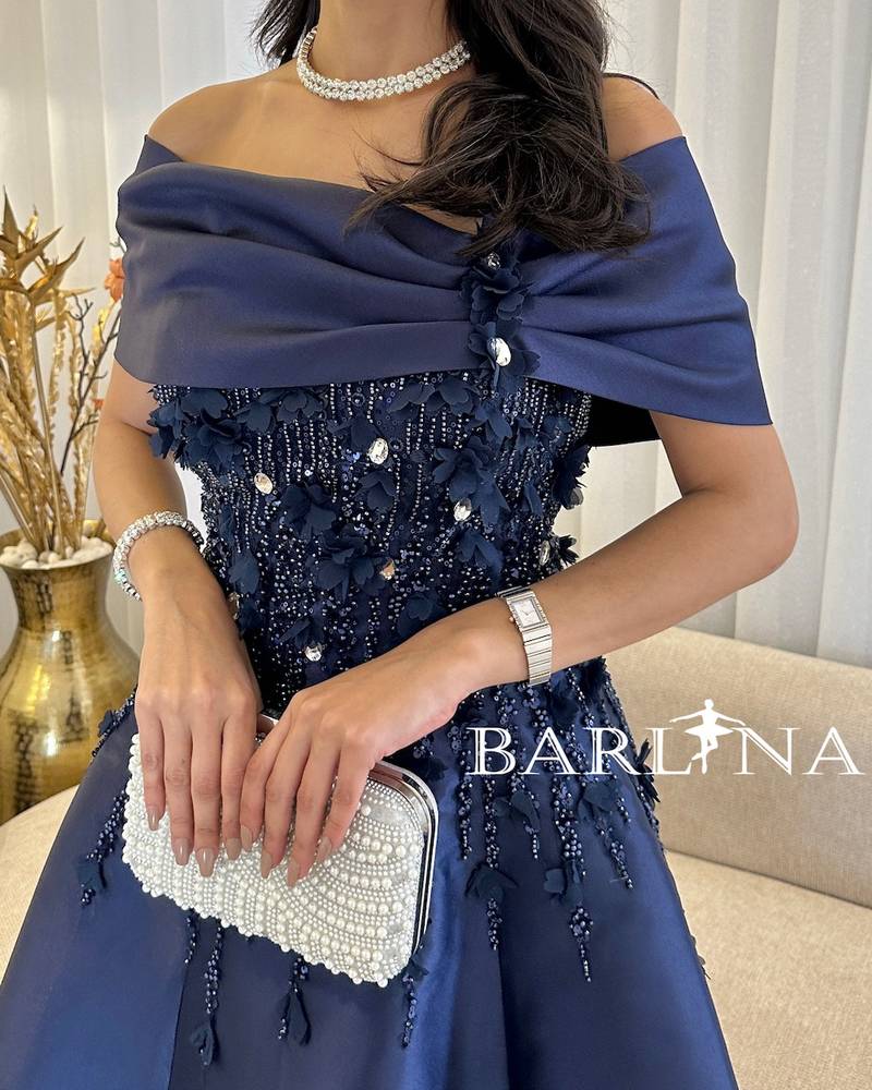 Mikado Off Shoulder Navy blue Midi Dress