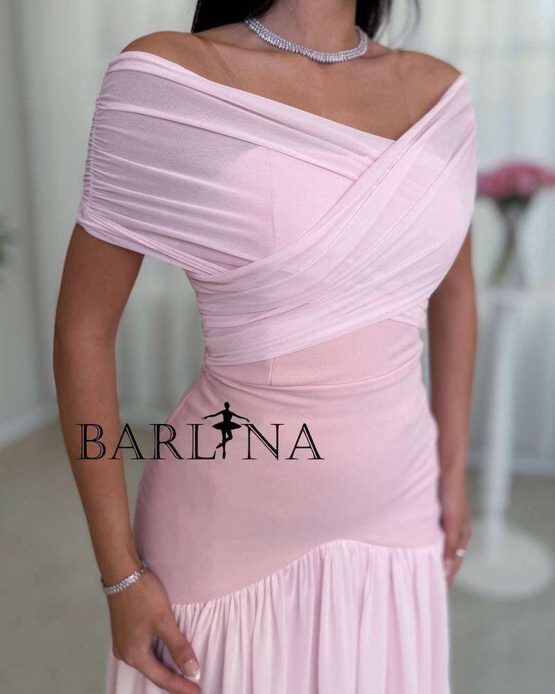 pink dress with a wrap-style off-shoulder cut
