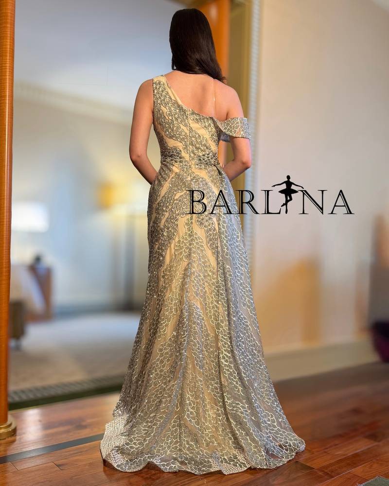Beige one-shoulder dangling evening dress