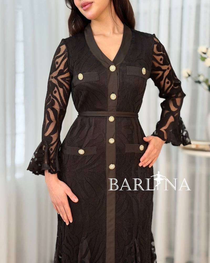 Elegant brown dress adorned with gold buttons