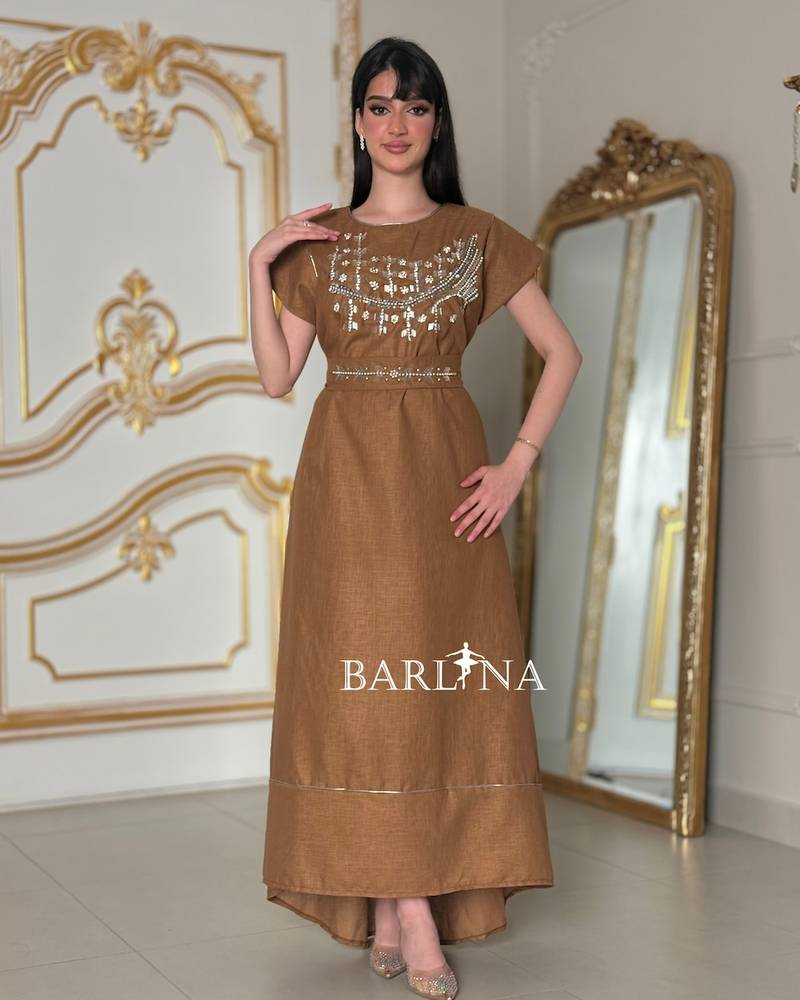 Light brown jalabiya with delicate embroidery
