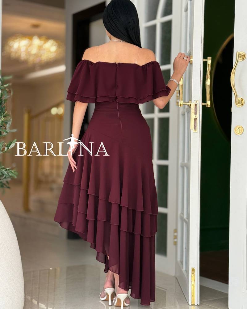 Burgundy off-shoulder dress with tiered layers