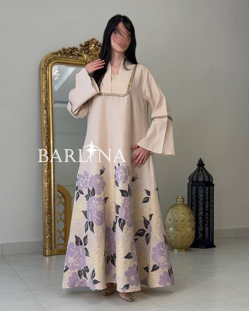 Long beige jalabiya with a delicate floral pattern