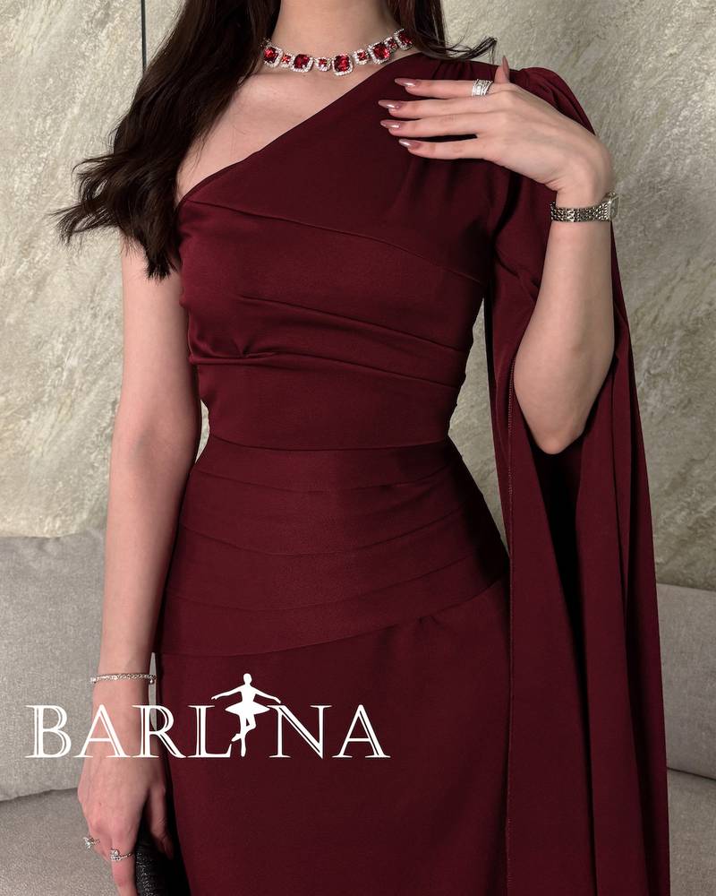 Burgundy one-shoulder dress with soft pleats
