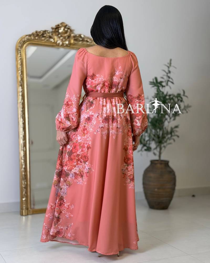 Pink floral dress with a V-neck and belt