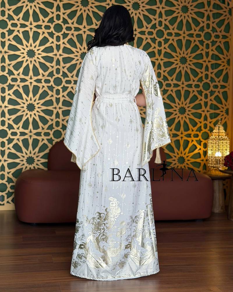 White jalabiya with gold prints and a side tie