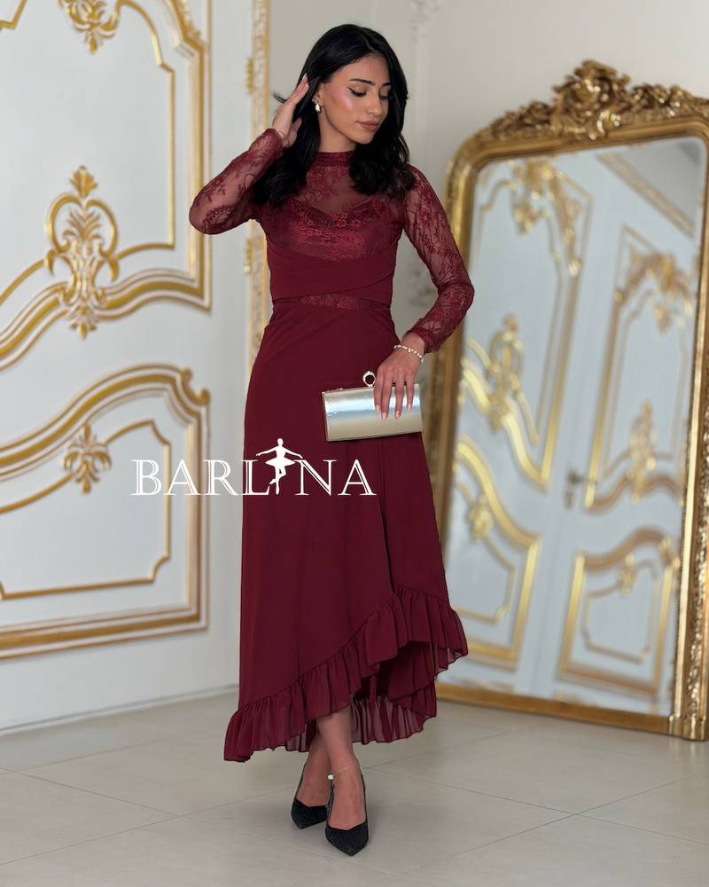 Burgundy midi dress with lace sleeves