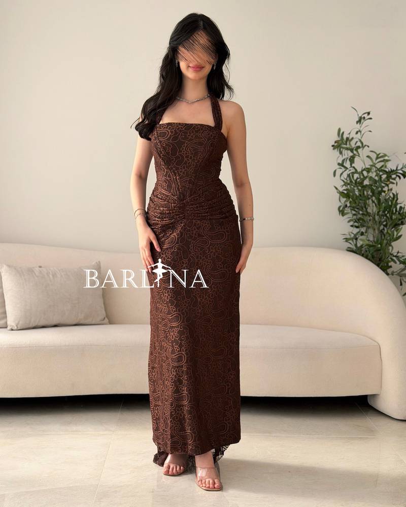 Brown soft lace dress with a halter neck