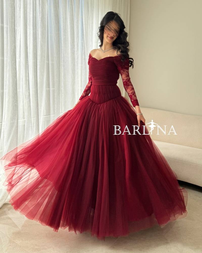 Burgundy tulle dress with long lace sleeves