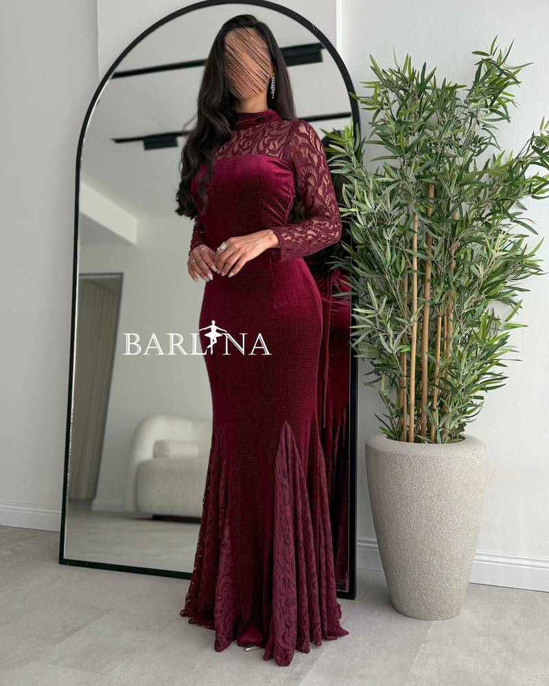 Burgundy velvet dress with lace sleeves