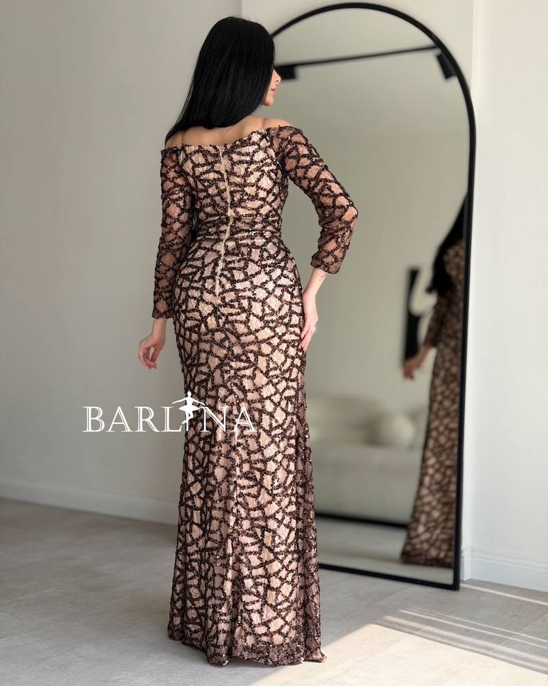 Beige lace dress with brown beaded embroidery
