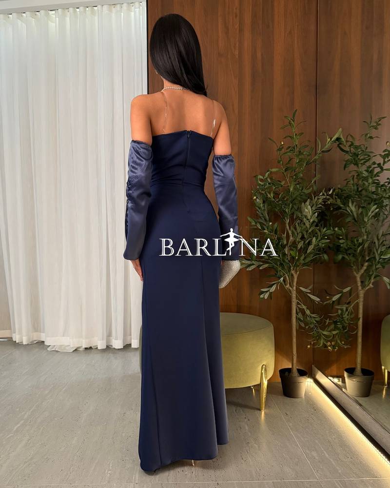 Long navy blue evening dress with separate sleeves