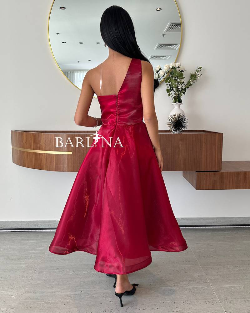 Burgundy one shoulder dress with puffy skirt
