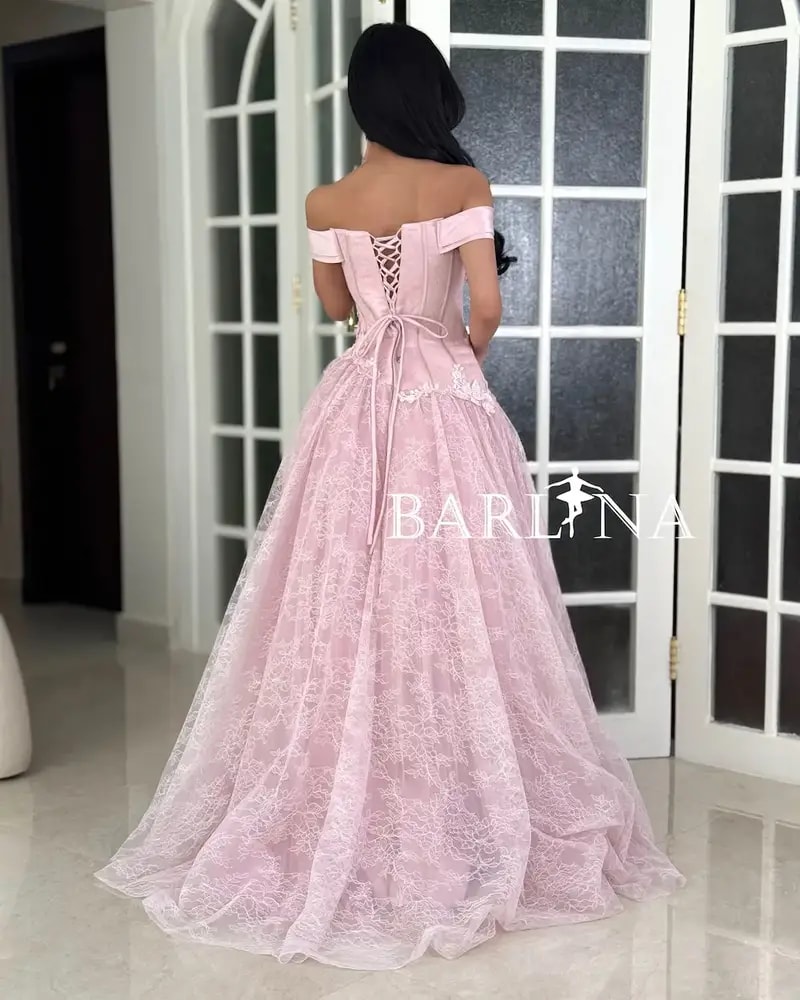 Pink lace evening dress with rose embroidery