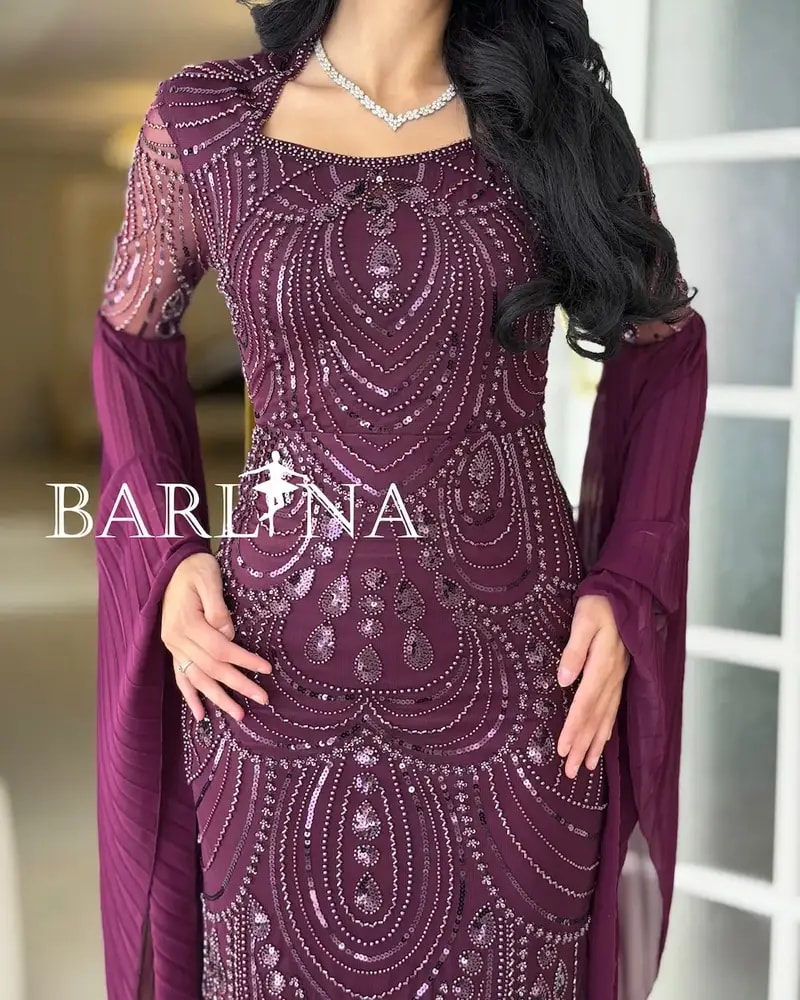 Purple occasion dress with wide sleeves, embroidered