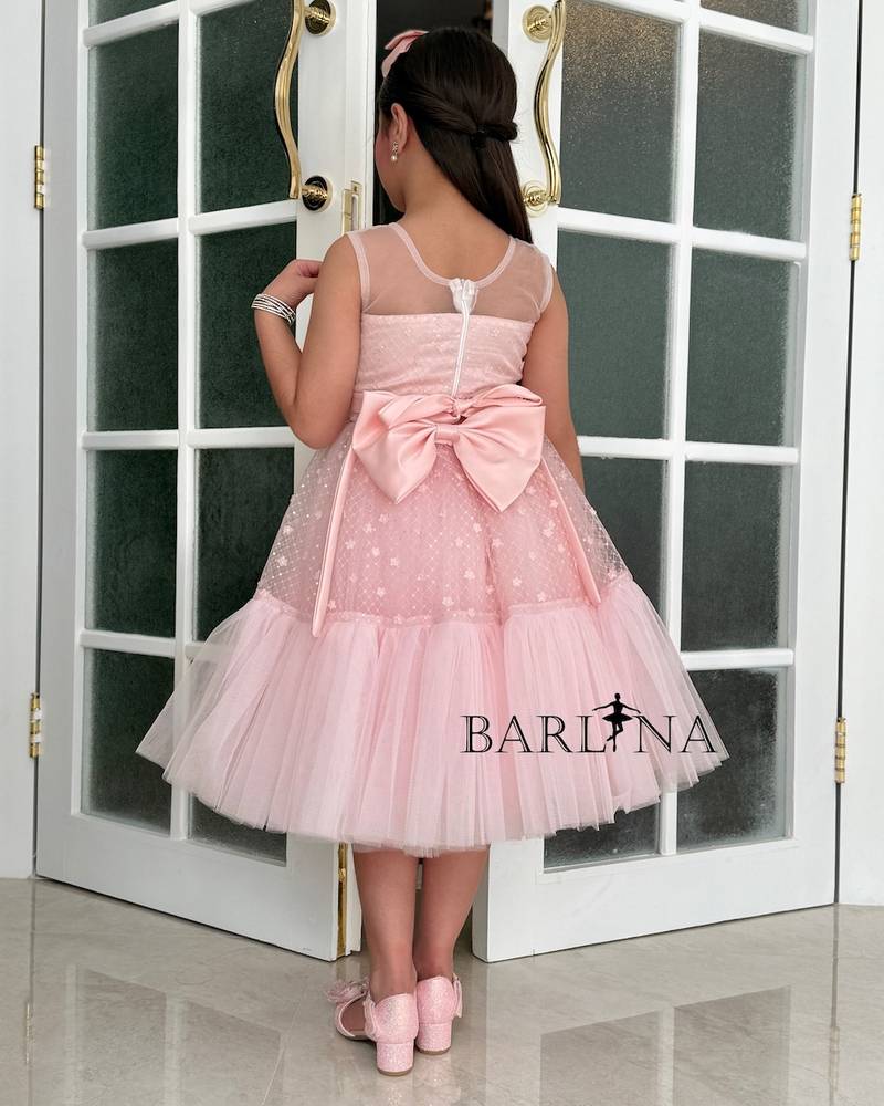 Pink tulle dress for girls with pleats at the chest