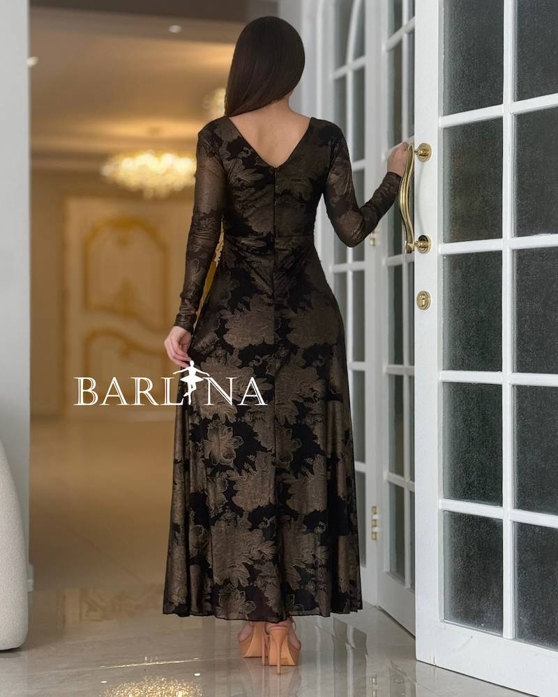 Long black dress with a dark floral pattern