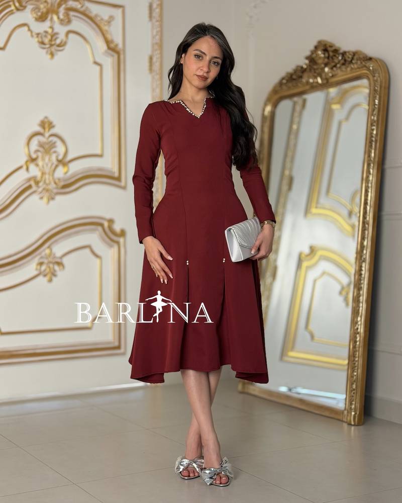 Burgundy dress with a crystal-embellished collar