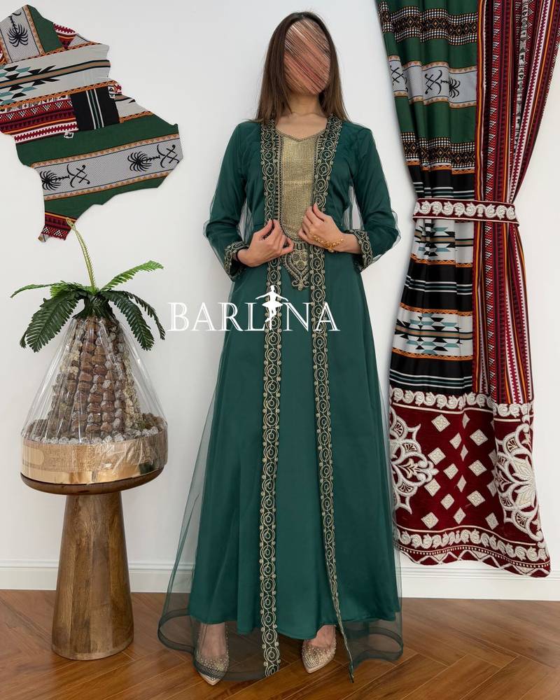Elegant green jalabiya with gold embroidery