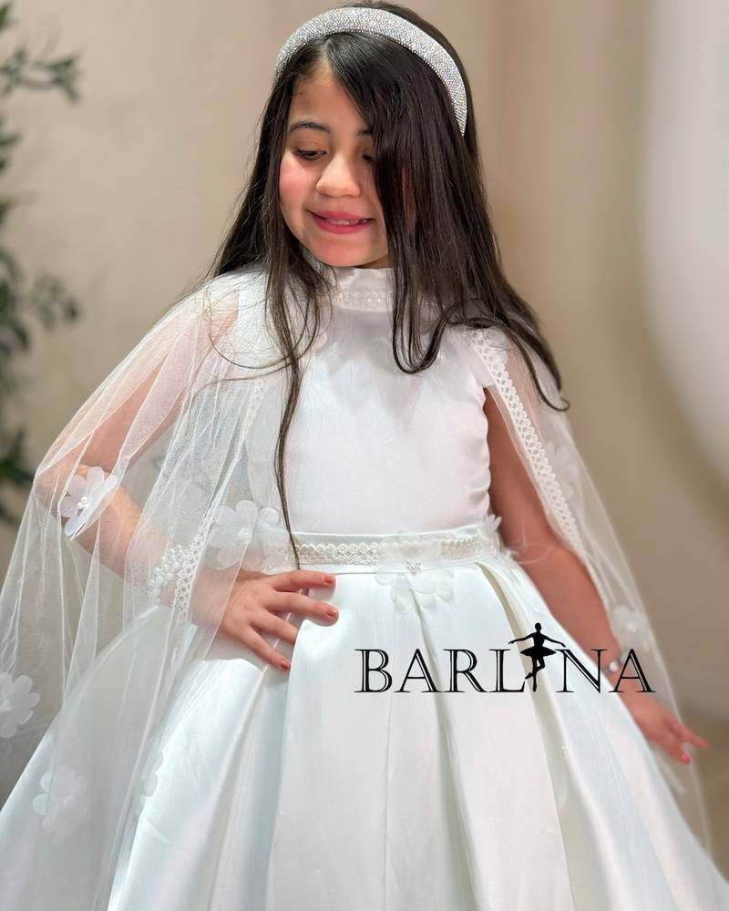 White girl's dress with cape sleeves and embroidered roses