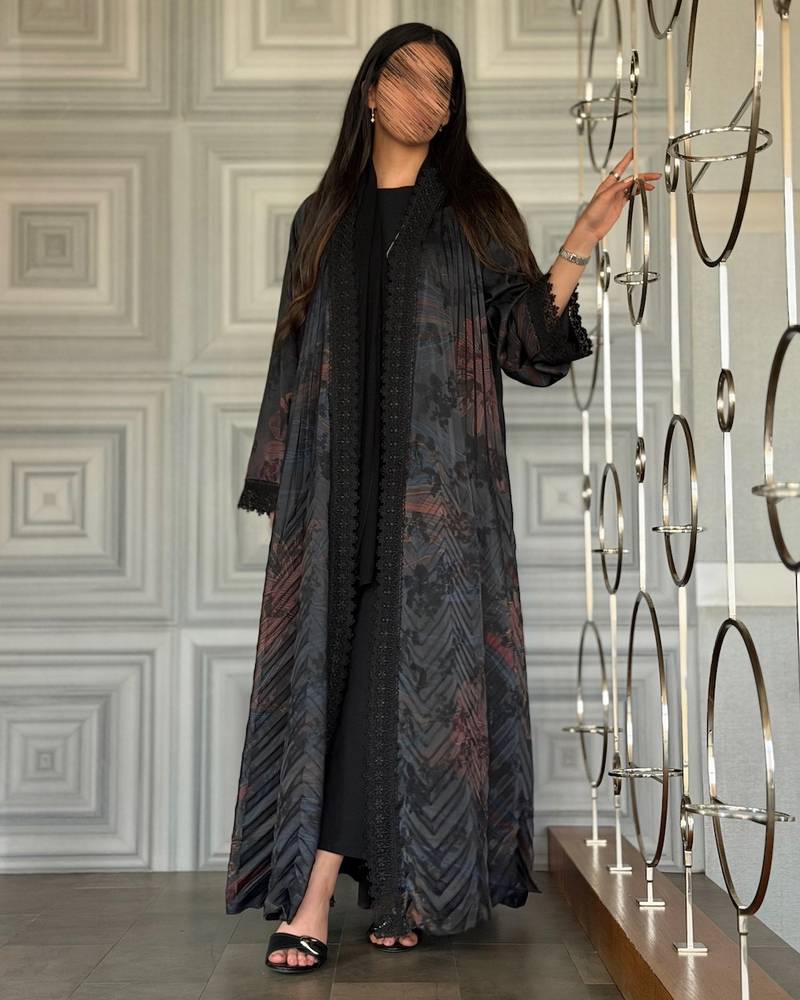 Black floral abaya with lace trim