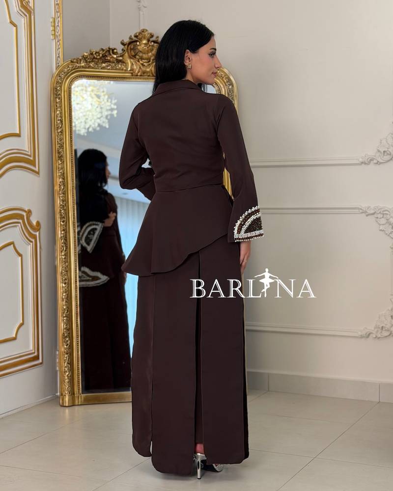 Elegant two-piece brown jumpsuit with embroidered edges
