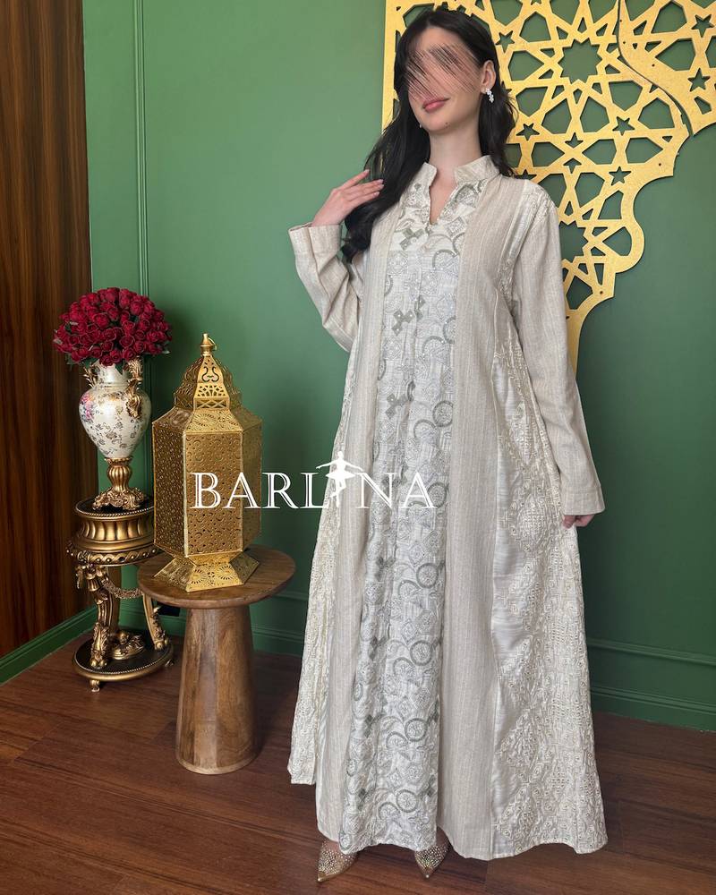Elegant beige jalabiya with front embroidery