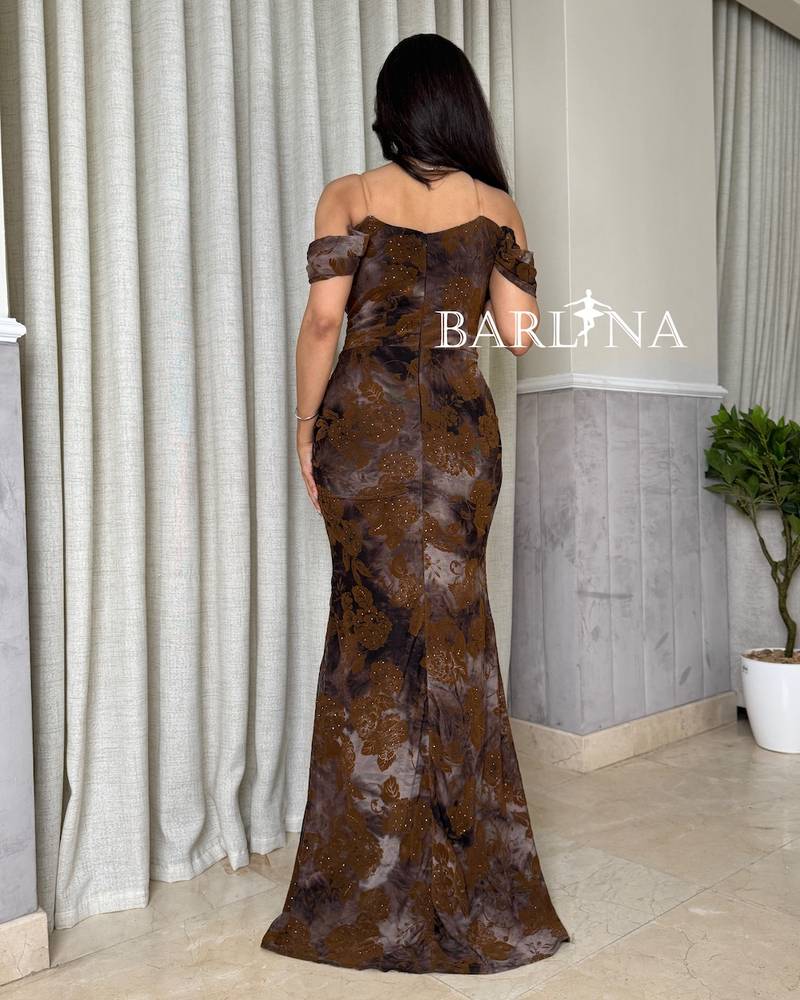 Brown patterned draped off-shoulder dress
