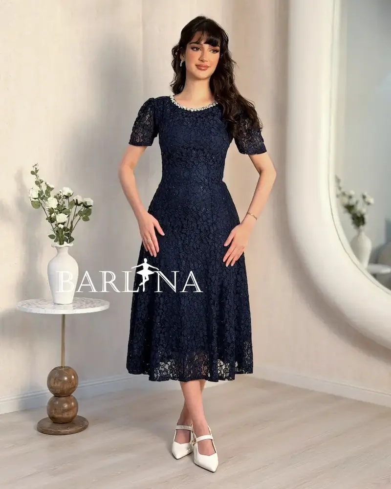 Navy blue dress with crystal embroidered neckline