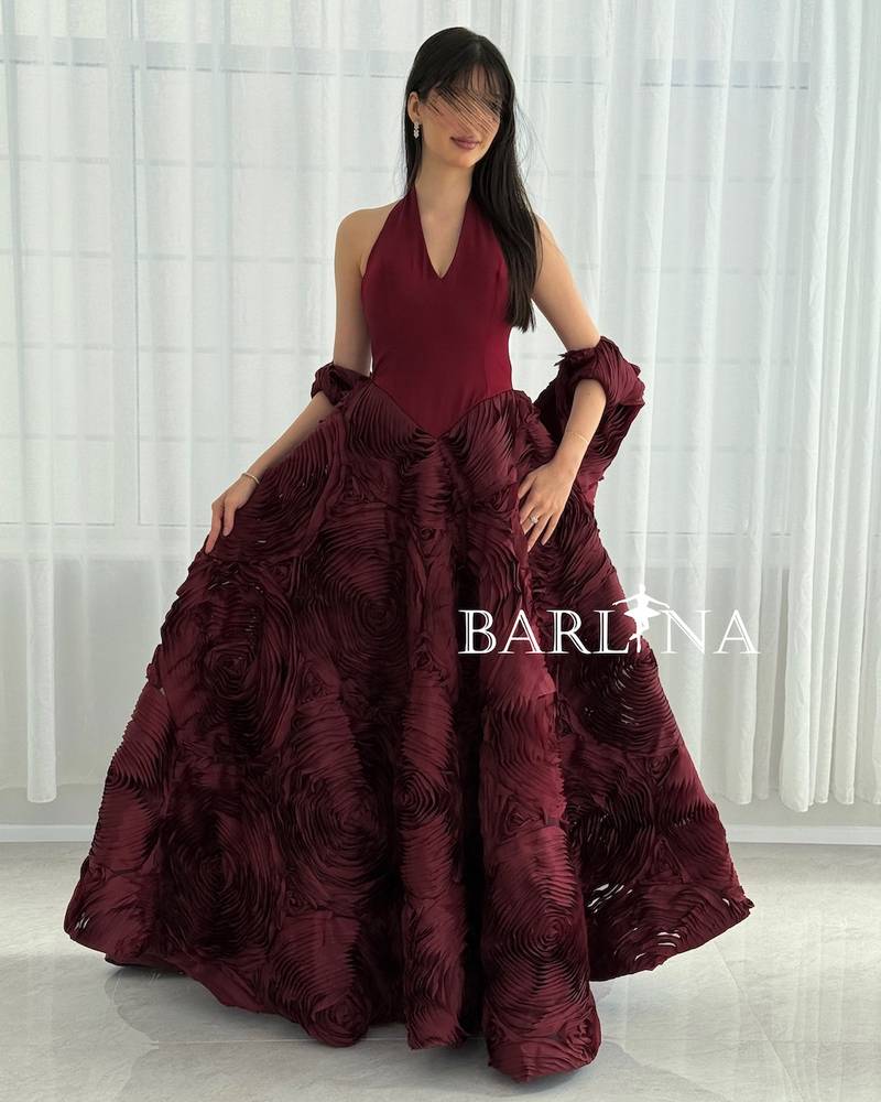 Burgundy puffy halter-style evening dress
