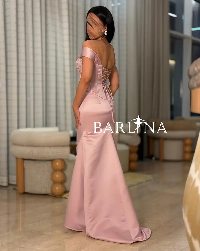 Pink off-shoulder evening dress with delicate embroidery