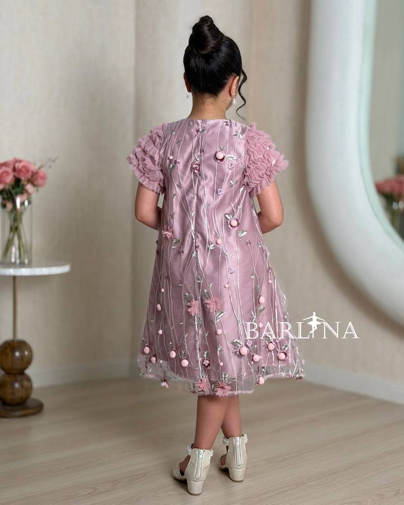 Pink embroidered girl's dress with tulle sleeves