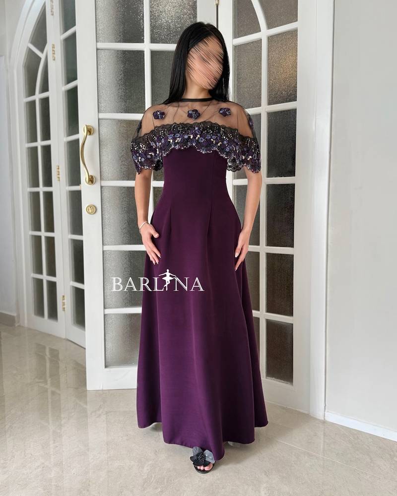 Purple dress with a sheer embroidered collar