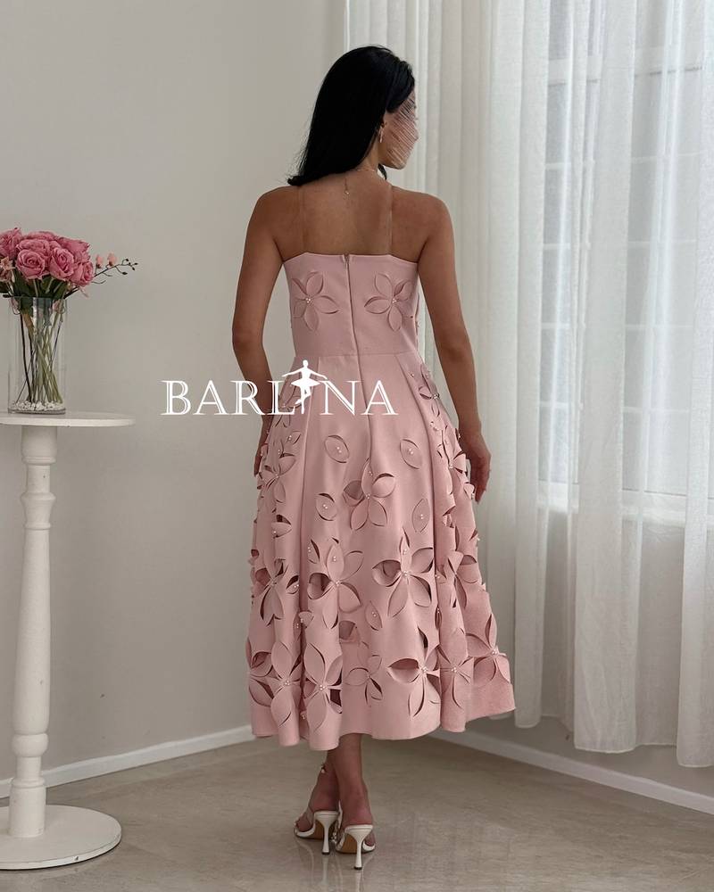 strapless pink dress with openwork floral print